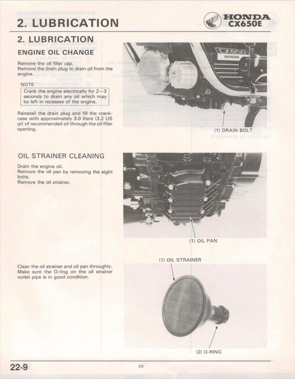 Honda CX650E maintenance manual page with lubrication instructions and diagrams.