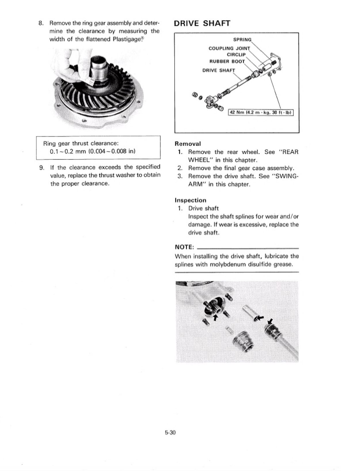 A technical service manual page showing instructions and diagrams for removing and inspecting a drive shaft and ring gear assembly, with labeled parts and numbered steps.