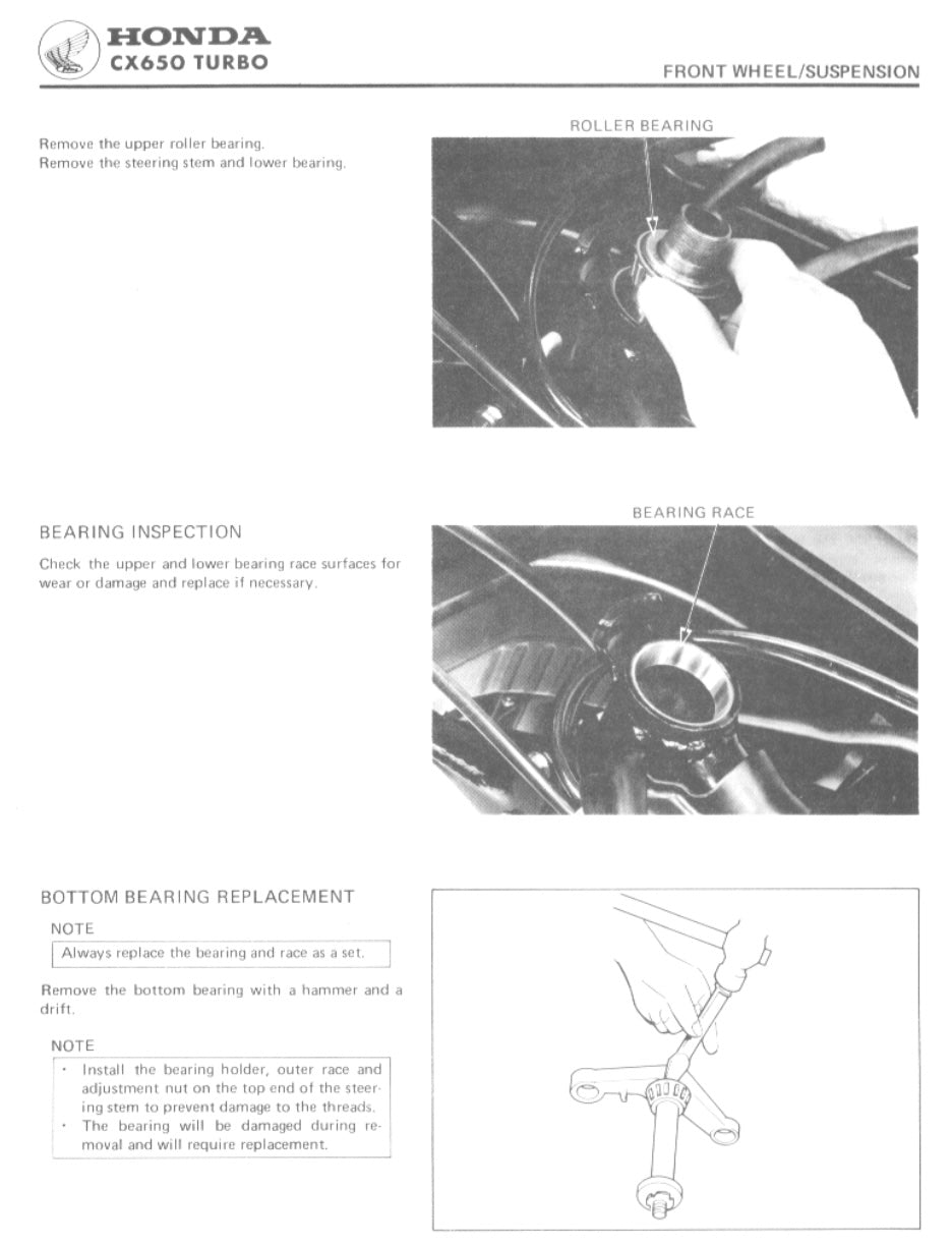 Technical manual page for Honda CX650 Turbo front wheel/suspension with step-by-step instructions and diagrams.