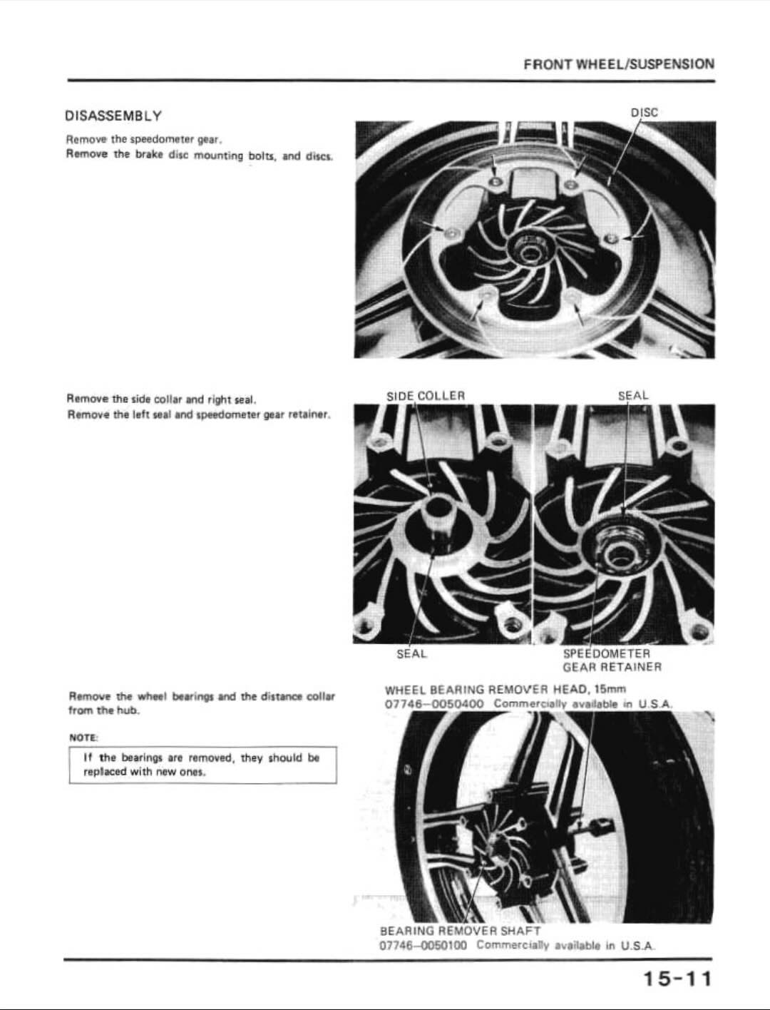 A black-and-white technical service manual page showing disassembly steps for a front wheel/suspension component, with labeled parts, arrows, and a wheel close-up photo.