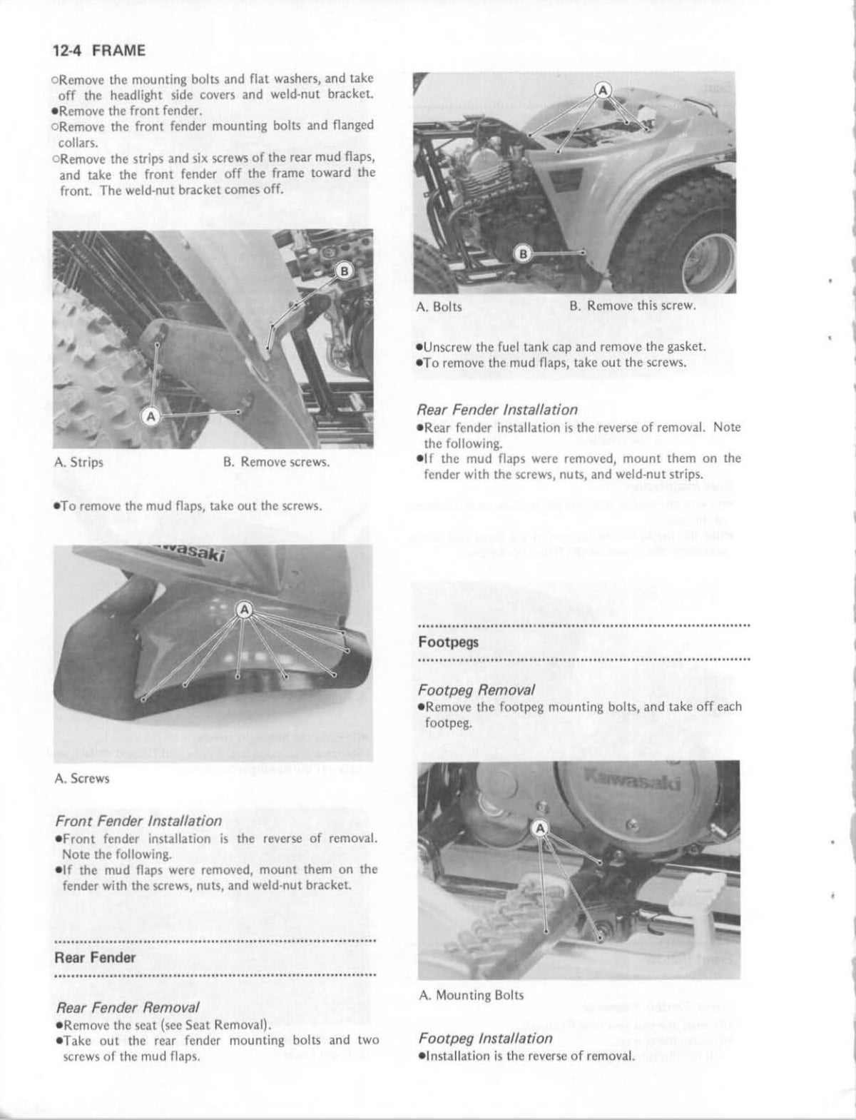Kawasaki KLF185 Bayou service manual page 12-4 with front and rear fender removal photos and footpeg mounting details