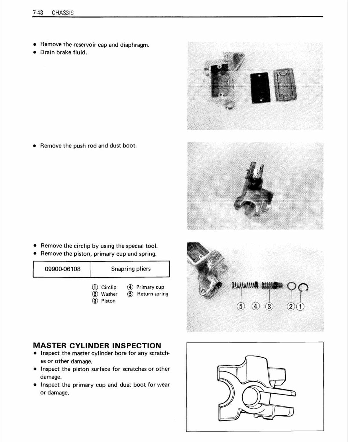 Suzuki VS1400 Intruder service manual page 7-43 master cylinder disassembly and inspection photos