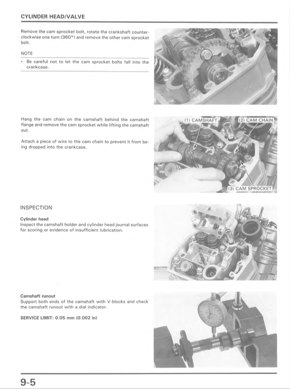 A printed page from a manual with text sections titled 'CYLINDER HEAD/VALVE' and 'INSPECTION,' plus several small grayscale photos of a camshaft and related engine parts.