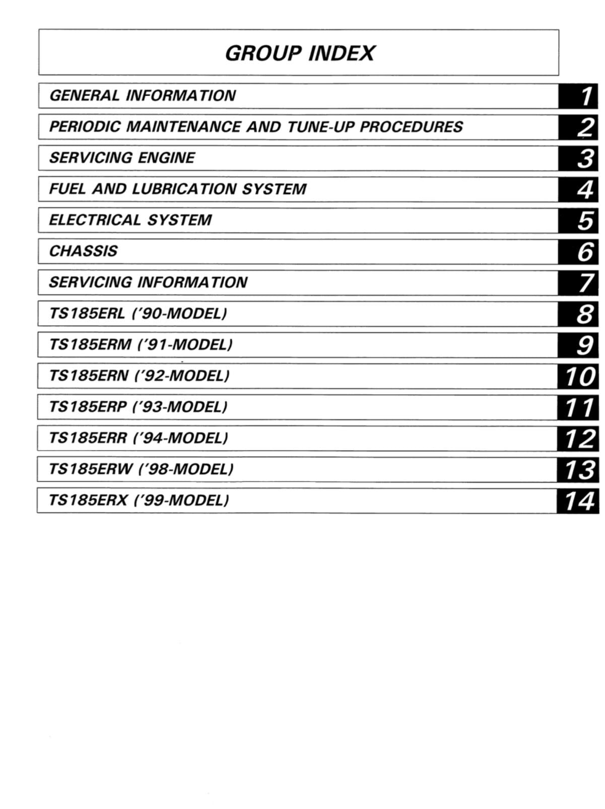 Group index table with numbered categories on a white background