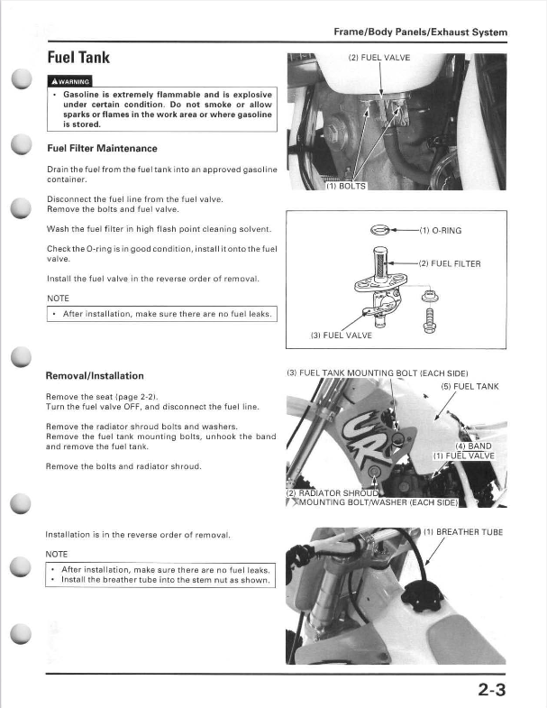A printed page from an automotive service manual showing the fuel tank and fuel filter maintenance and installation procedures, with text, diagrams, and small photos of the fuel system components.