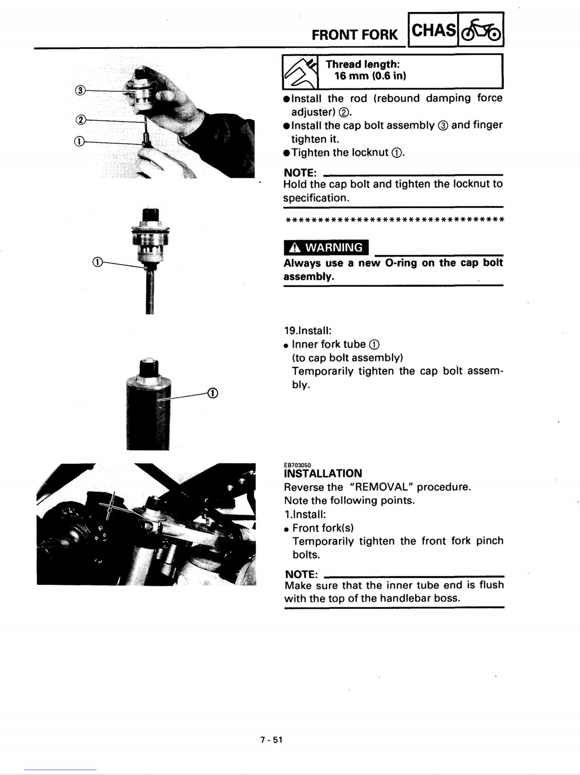 A black and white technical instruction sheet for a CHAS front fork, detailing installation steps with numbered callouts and photos of the fork components.