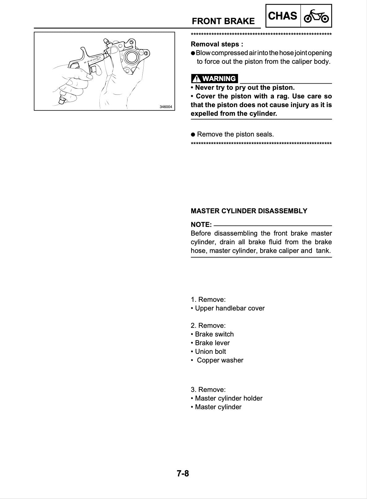 Yamaha YQ50 Aerox 50cc service manual page 7-8 with front brake caliper piston removal diagram and master cylinder disassembly steps