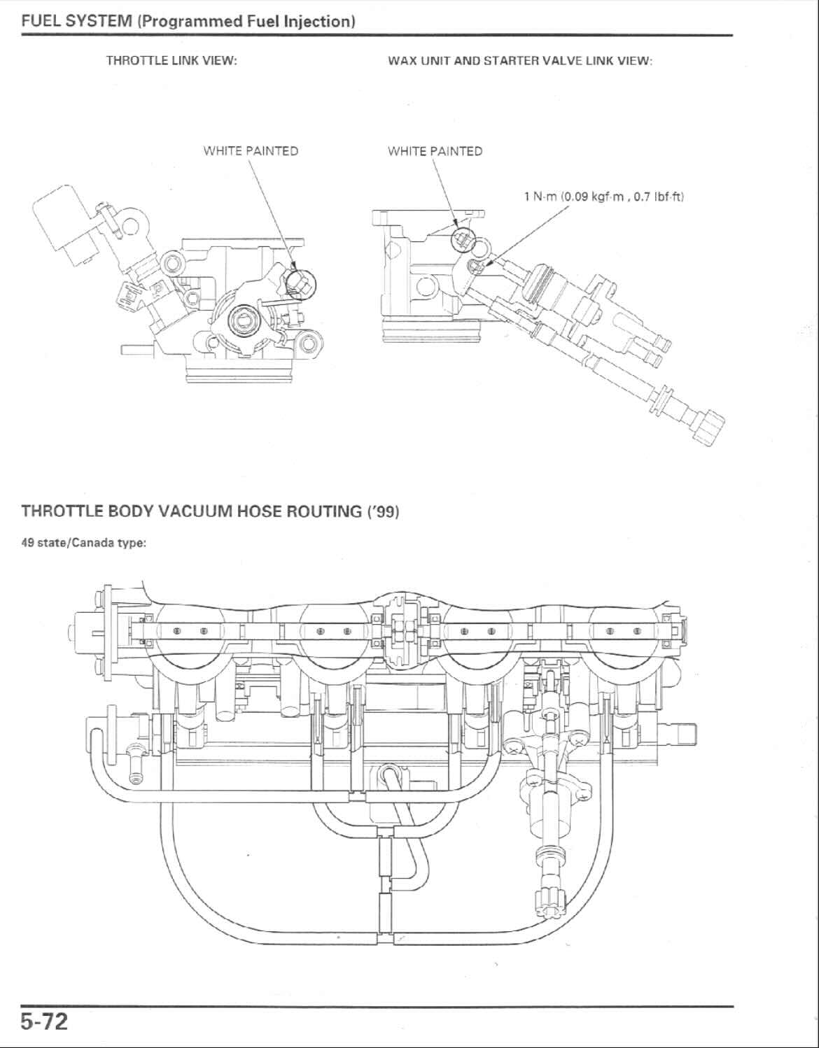 Honda CBR1100XX service manual page 5-72 throttle body vacuum hose routing diagram with wax unit and starter valve links