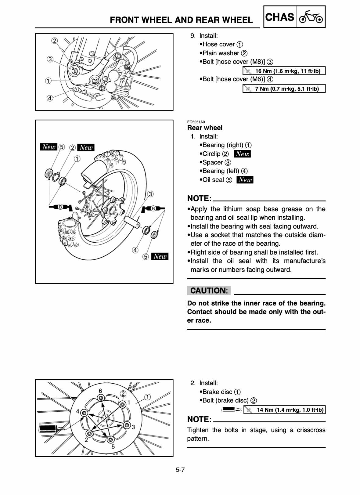 Yamaha YZ250 service manual page 5-7 with rear wheel bearing and brake disc installation diagrams