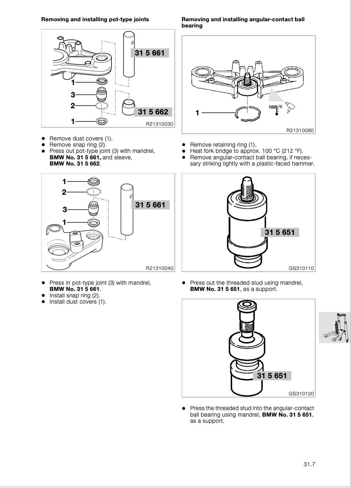BMW R1150 RT service manual page 31.7 pot-type joint and angular-contact bearing press diagrams
