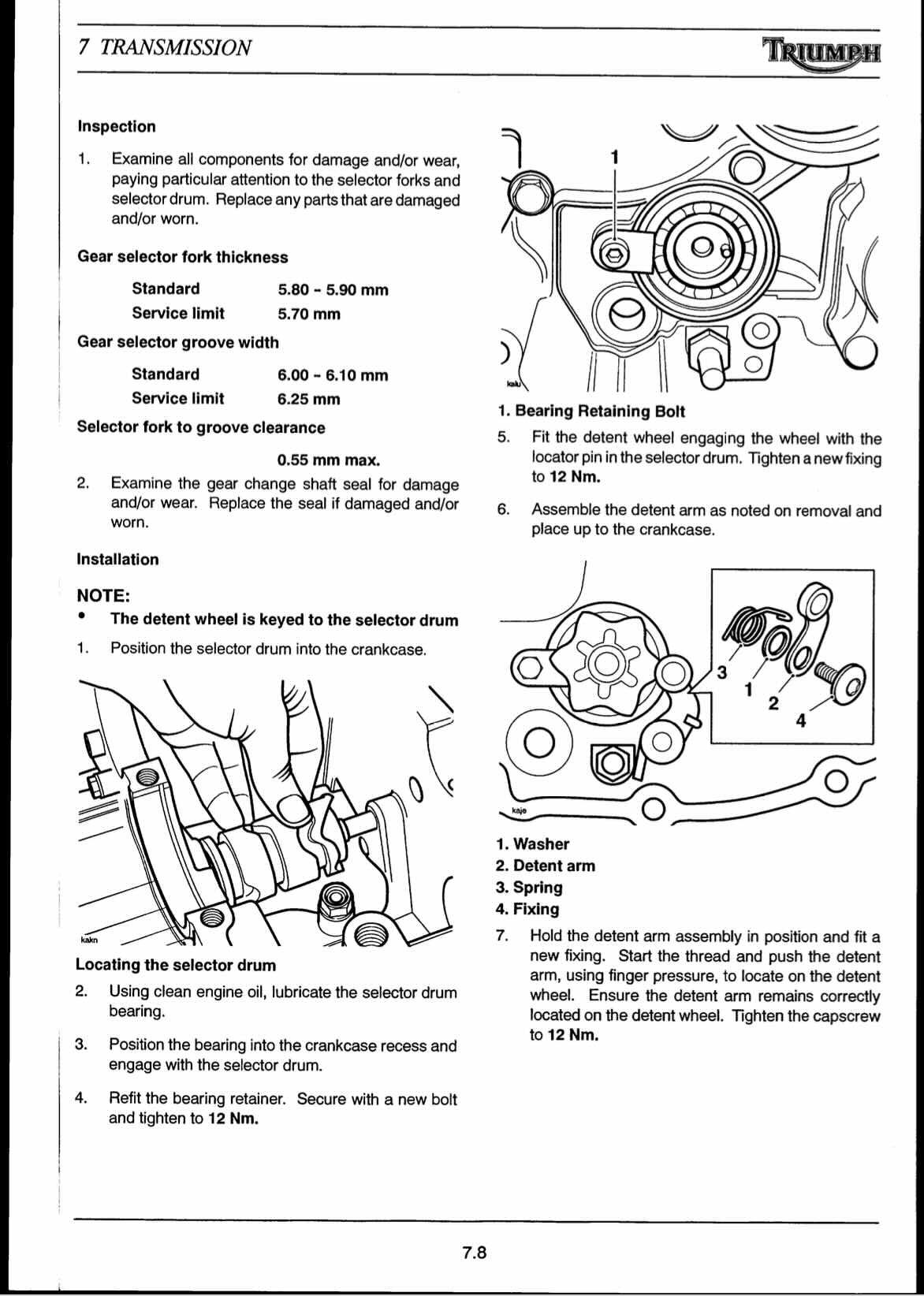 Triumph Daytona 955i service manual page 7.8 with gear selector fork inspection specs and diagrams of selector drum and detent arm installation