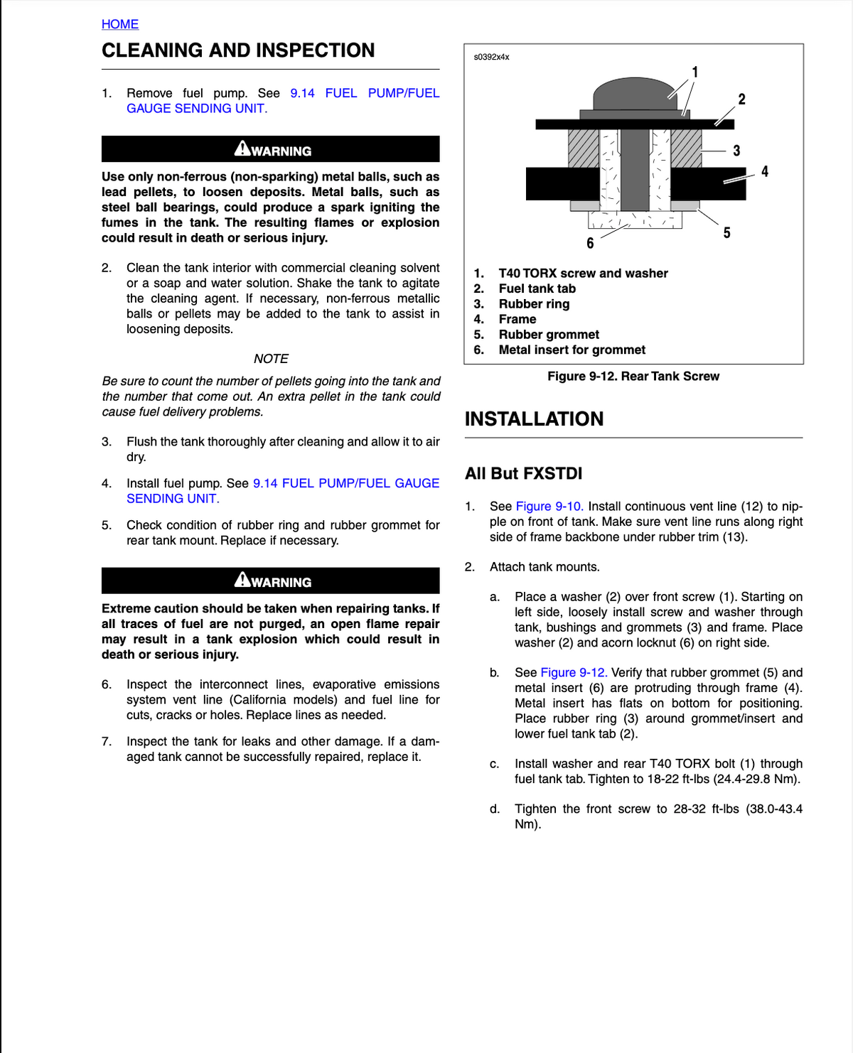 Instruction manual page for a fuel pump, showing cleaning and inspection steps, installation instructions, and a parts reference diagram with labels for T10, T16, frame, and rear tank screw.