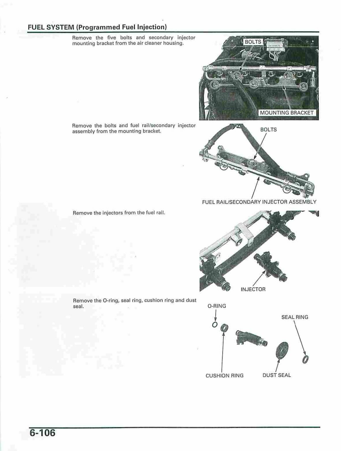 Honda CBR600RR service manual page with secondary injector fuel rail and mounting bracket removal photos showing O-rings and seals