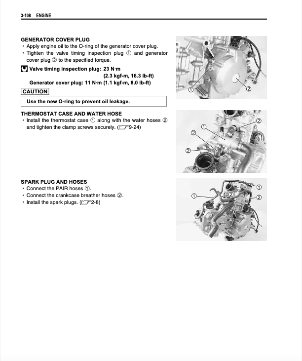 A black and white technical service manual page with text instructions for engine oil, valve timing, thermostat, spark plug, and hoses, accompanied by labeled technical diagrams of car engine parts.