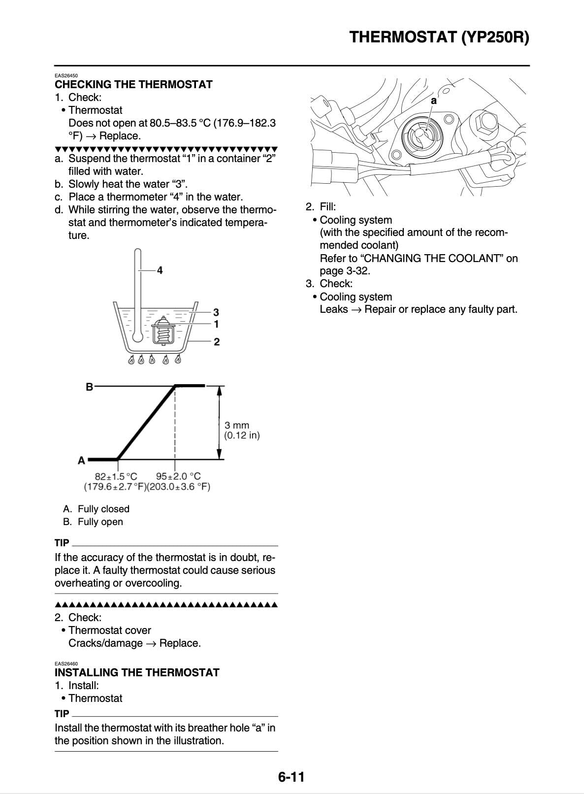 Yamaha Xmax YP250R service manual page 6-11 with thermostat checking procedure, temperature graph, and installation diagram