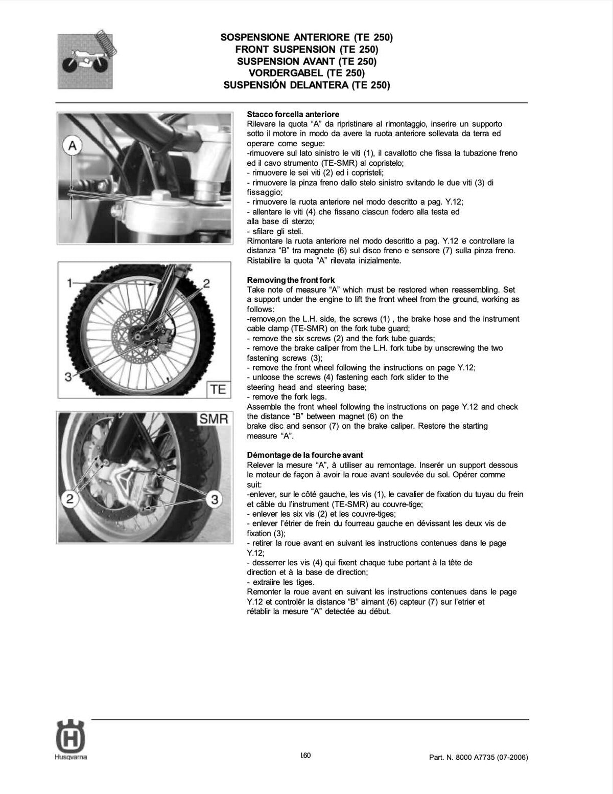 A technical service manual page for a suspension system, featuring diagrams, cross-sections, and text instructions in French and English for front and rear suspension components.