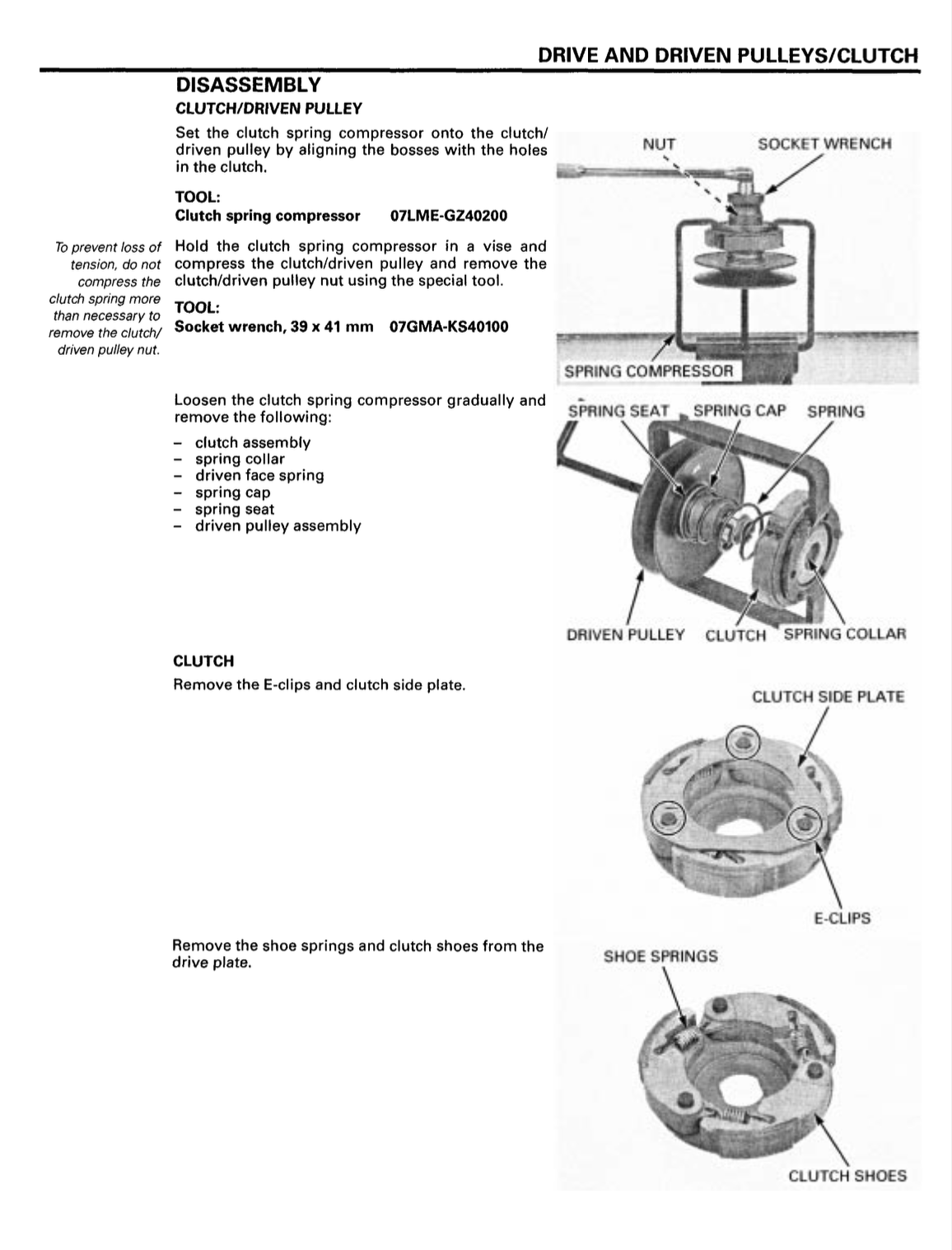 A technical disassembly diagram for a clutch and driven pulley, showing labeled parts such as clutch spring compressor, wrench, driven pulley, clutch, spring collar, and shoe springs with step-by-step removal instructions.