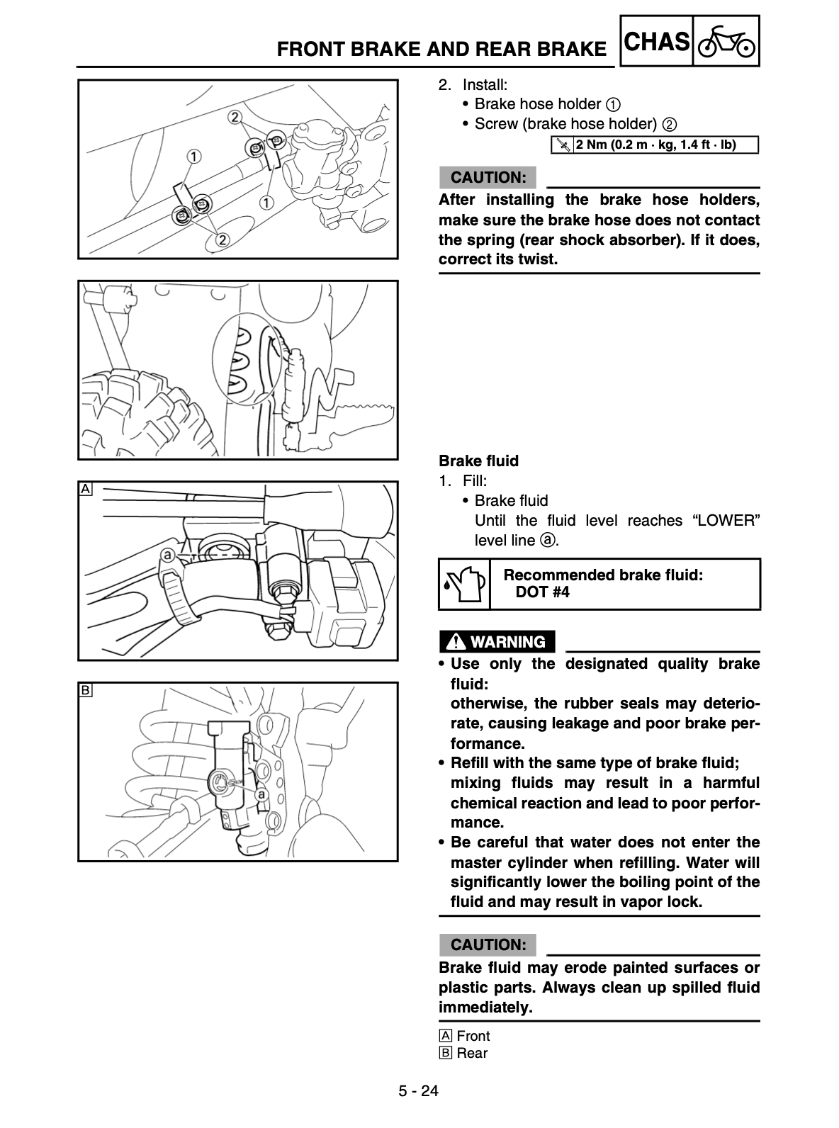 Instruction manual page for front and rear brake installation and fluid refilling, with labeled diagrams, cautions, and a DOT 4 recommended fluid mark.