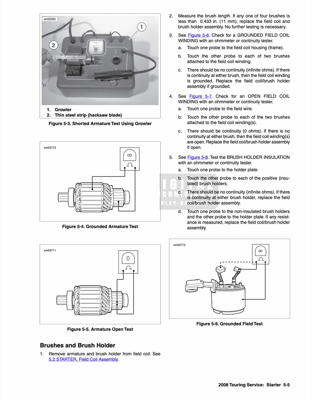 A technical service manual page showing step-by-step diagrams for armature and brush holder installation/inspection on a motorcycle coil assembly, with labeled figures and numbered instructions.