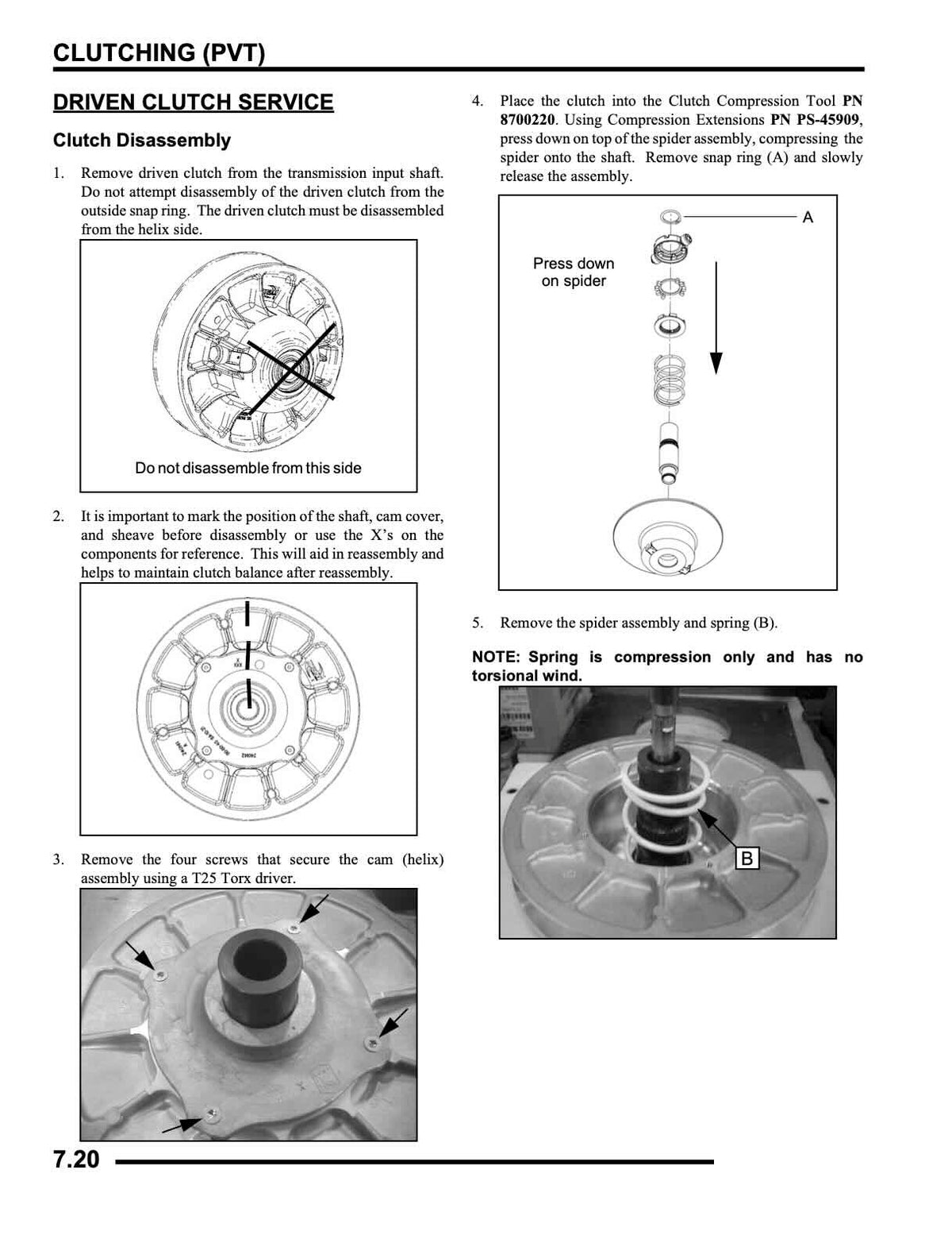 Polaris Sportsman XP 850 service manual page 7.20 driven clutch disassembly diagrams and photos
