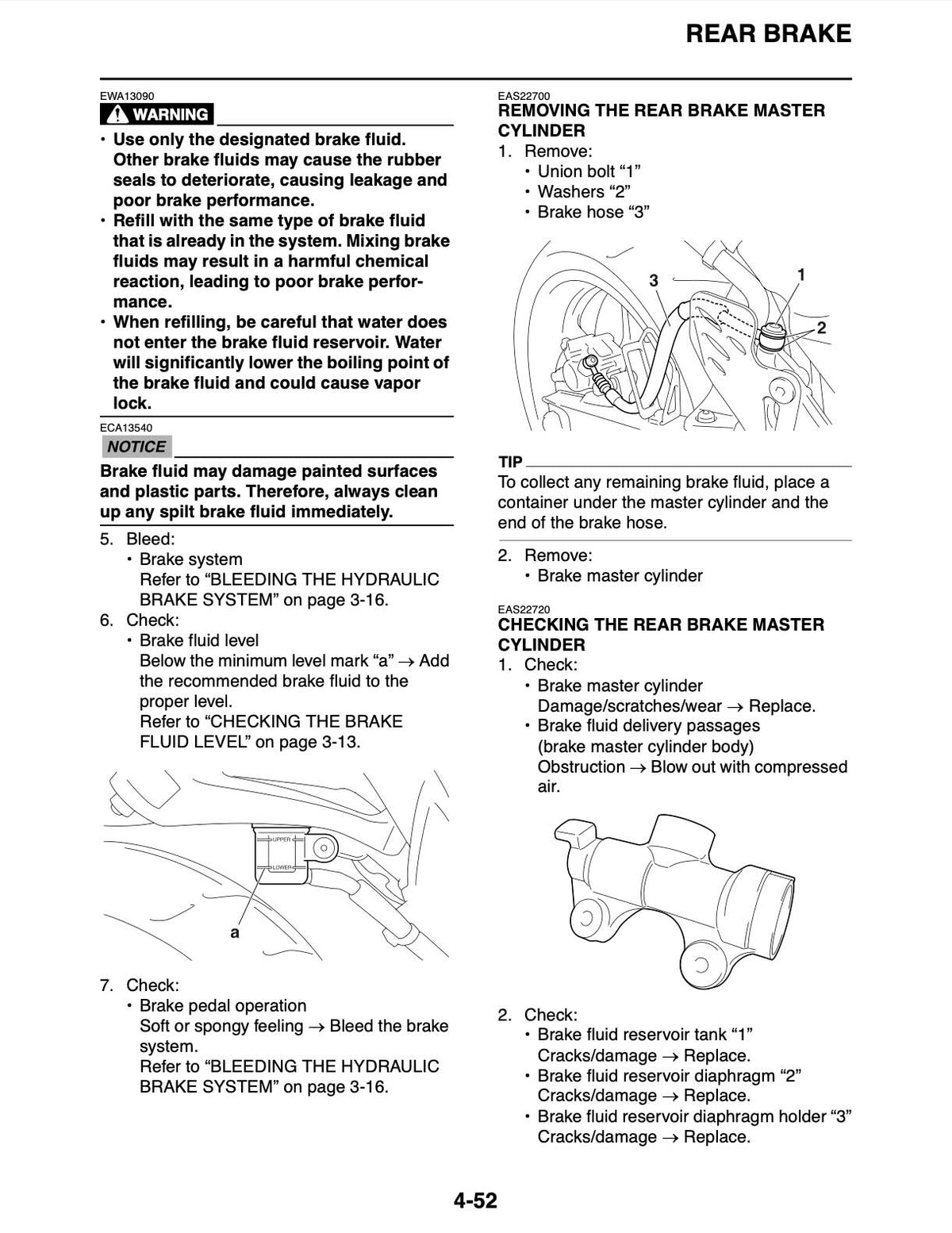 A black-and-white technical service manual page titled 'REAR BRAKE' with warning labels, numbered instructions, and small diagrams showing how to remove and check the rear brake master cylinder.
