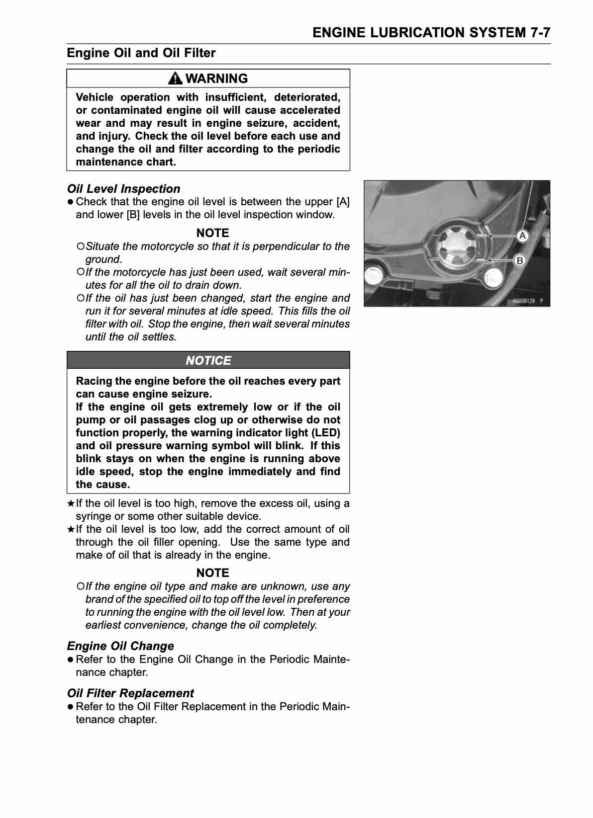 Kawasaki Z1000 service manual page 7-7 with engine oil level inspection window photo showing upper and lower marks