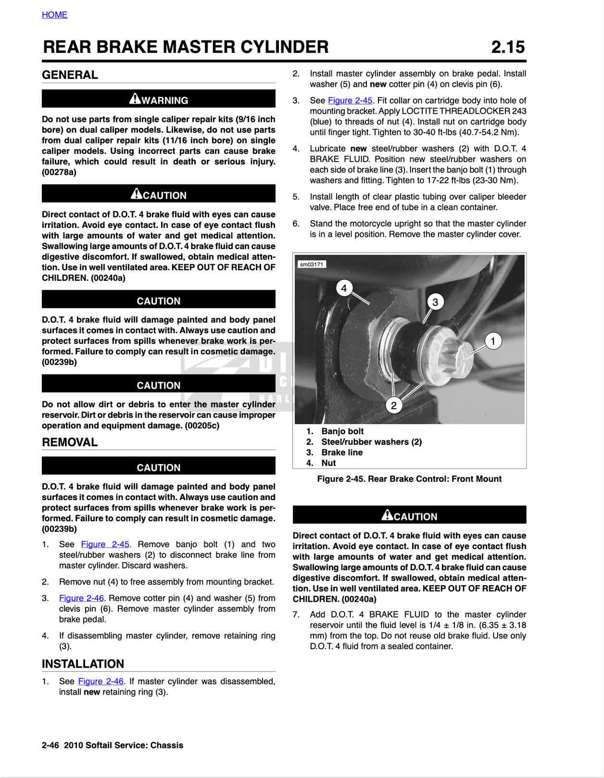 Harley-Davidson Softail service manual page with rear brake master cylinder banjo bolt and washer installation photo