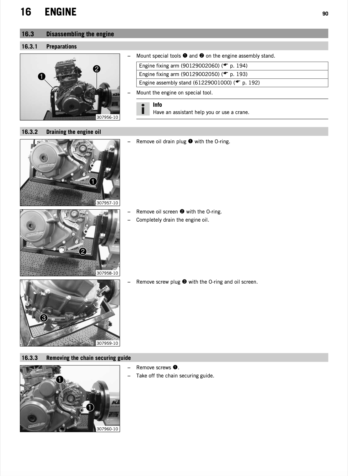 A page from an engine service manual showing numbered and labeled photos of how to disassemble, drain oil, and remove the chain securing guide on a motorcycle engine.