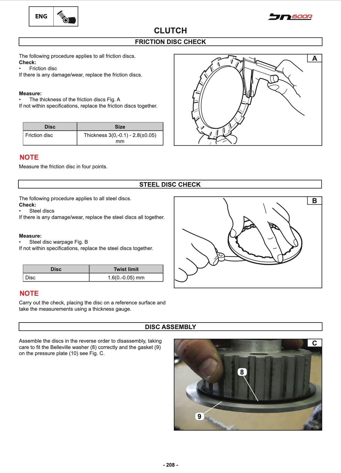 Benelli BN600 service manual page 208 with clutch friction and steel disc thickness check diagrams and assembly photo