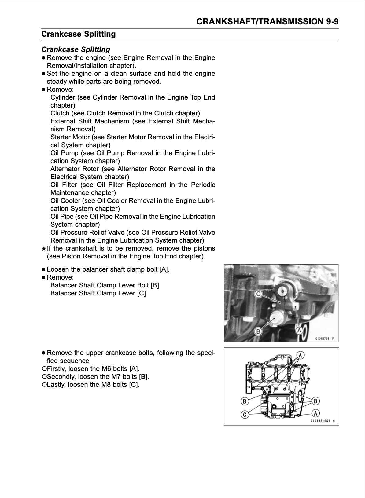 A black-and-white technical service manual page showing crankcase splitting instructions with bullet points, numbered steps, and a labeled schematic diagram of an engine cross-section.