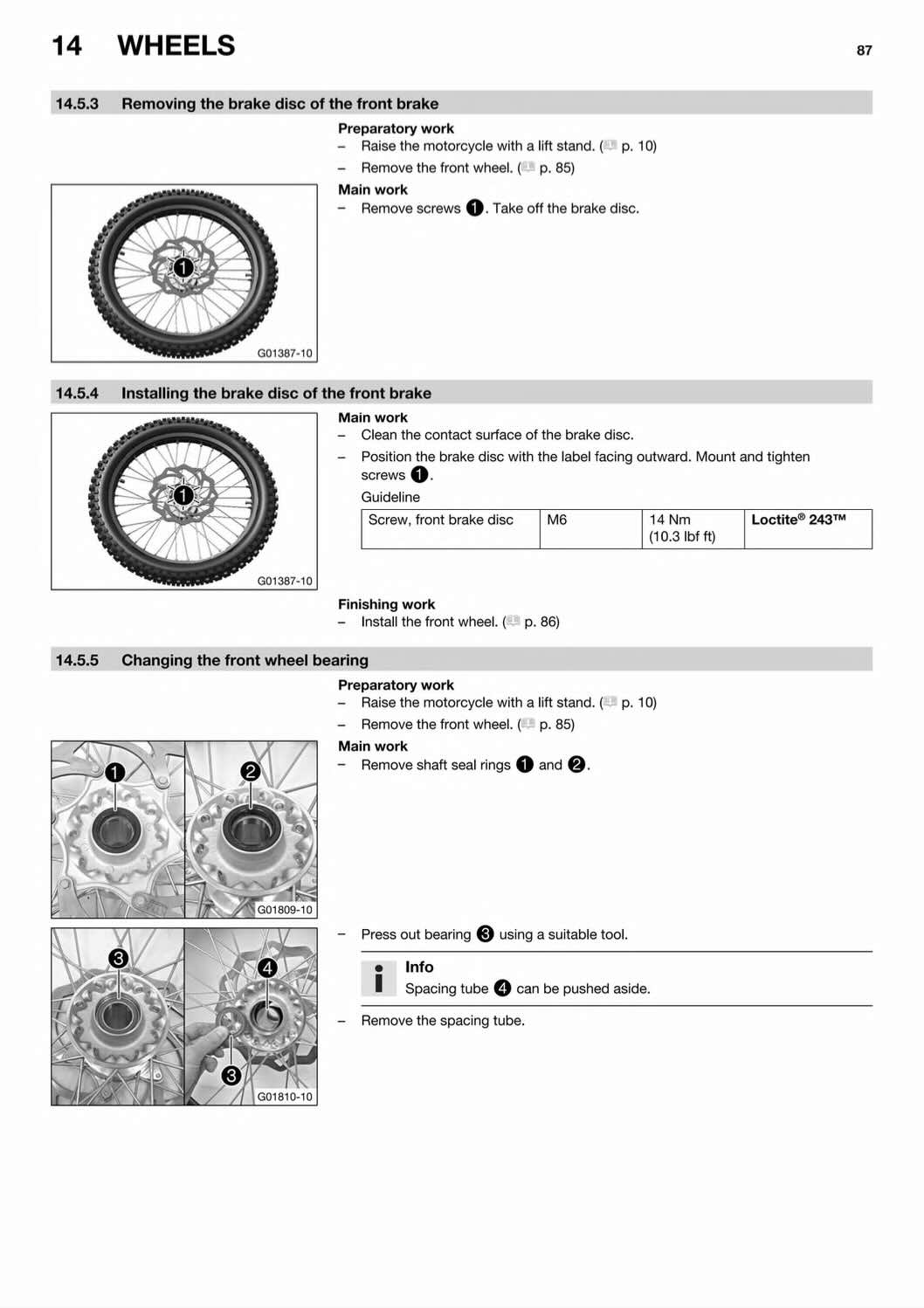 Husqvarna FC450 service manual page 87 front brake disc and wheel bearing removal photos
