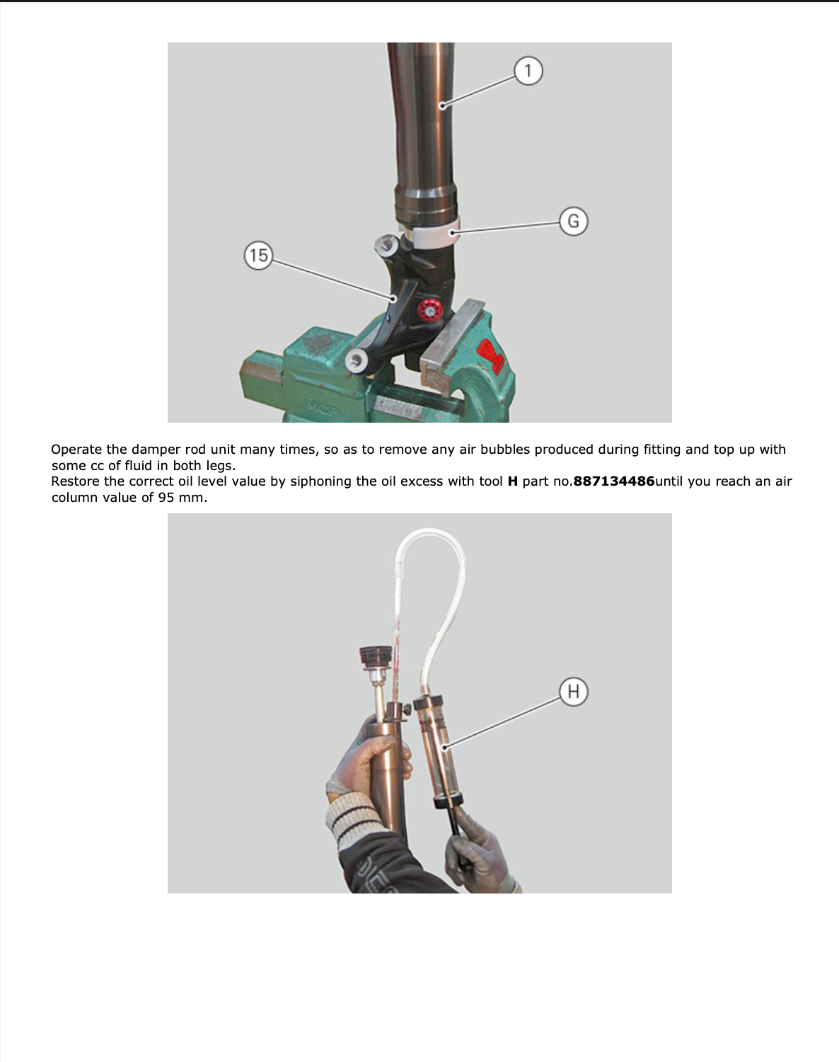Instruction diagram showing how to operate a damper rod unit for fitting and top-up procedures, with numbered callouts and a small photo of a hand holding the tool. Includes descriptive text on a white background.