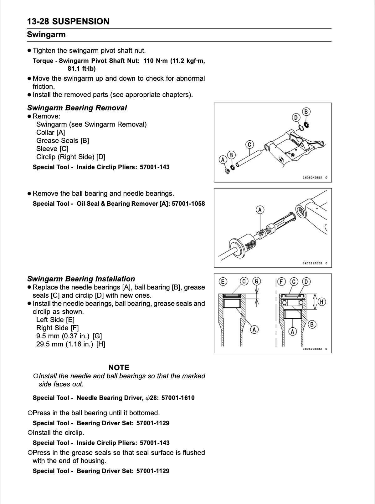 A black-and-white technical service manual page for a 13-28 suspension swigarm, showing step-by-step instructions, torque specifications, and numbered diagrams for removing and installing the bearing and needle bearings.