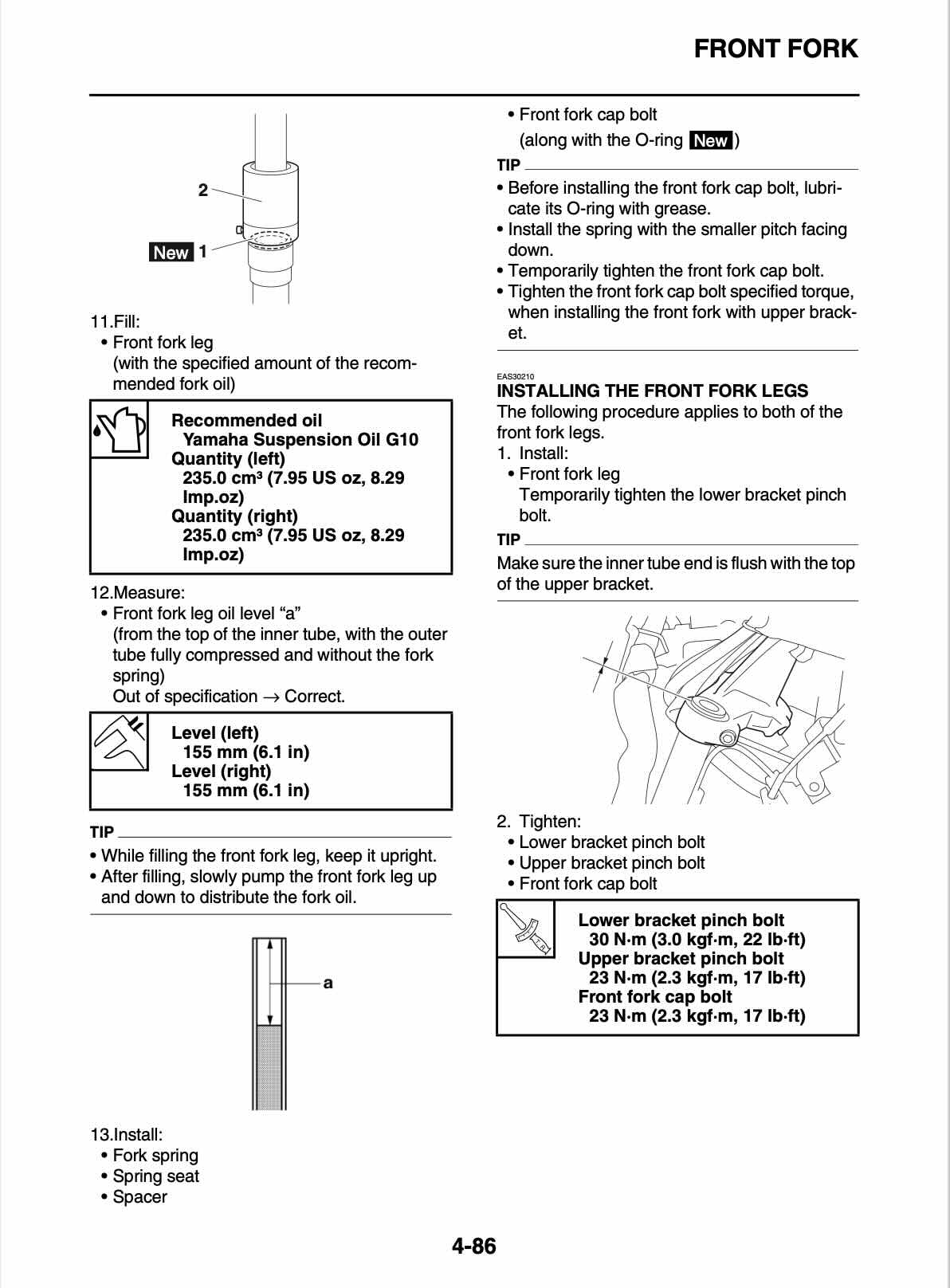 Yamaha XMAX 300 service manual page 4-86 front fork oil fill quantity and installation diagrams