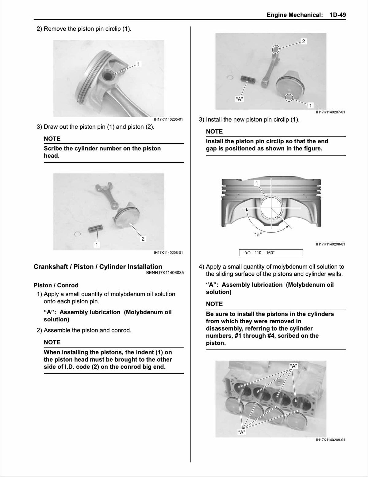 Suzuki GSX-R1000A service manual page 1D-49 piston pin circlip and piston installation photos