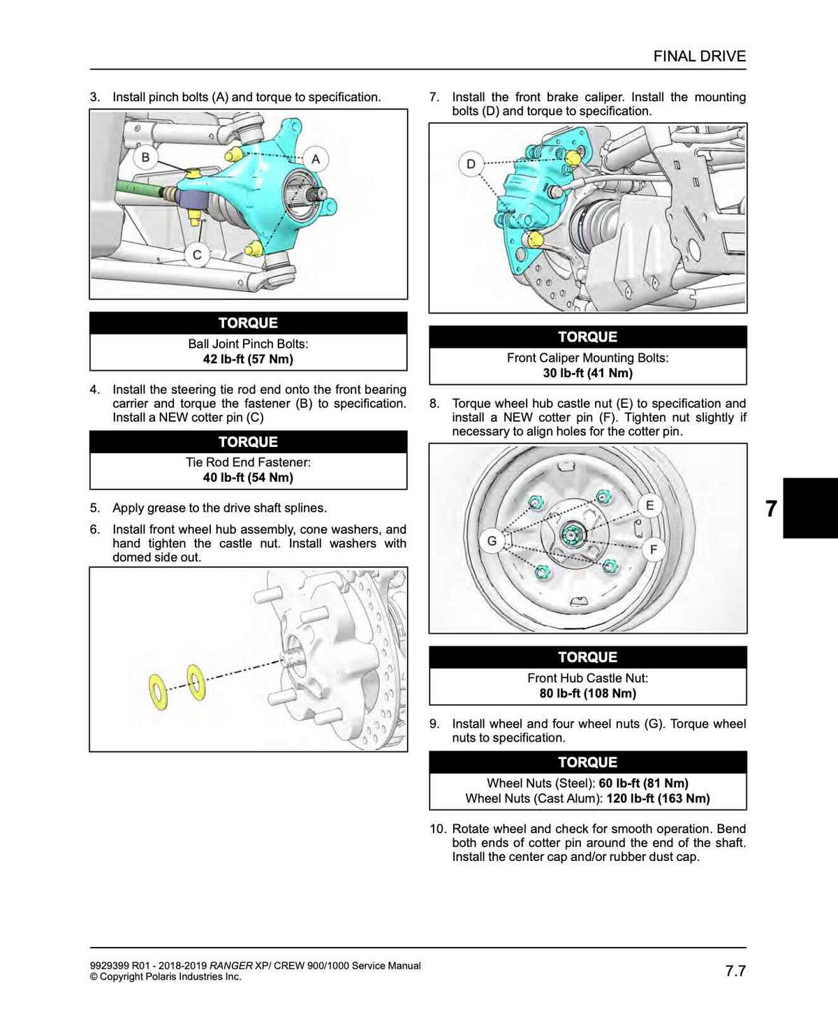 Polaris Ranger XP service manual page 7.7 front hub and caliper installation torque diagrams
