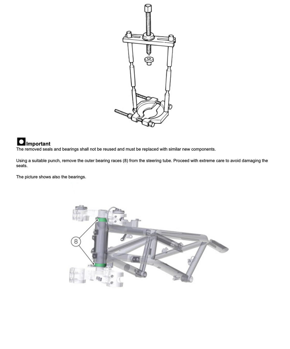 Technical instruction diagram showing a steering rack assembly with callouts and an important note about replacing worn seals and bearings.