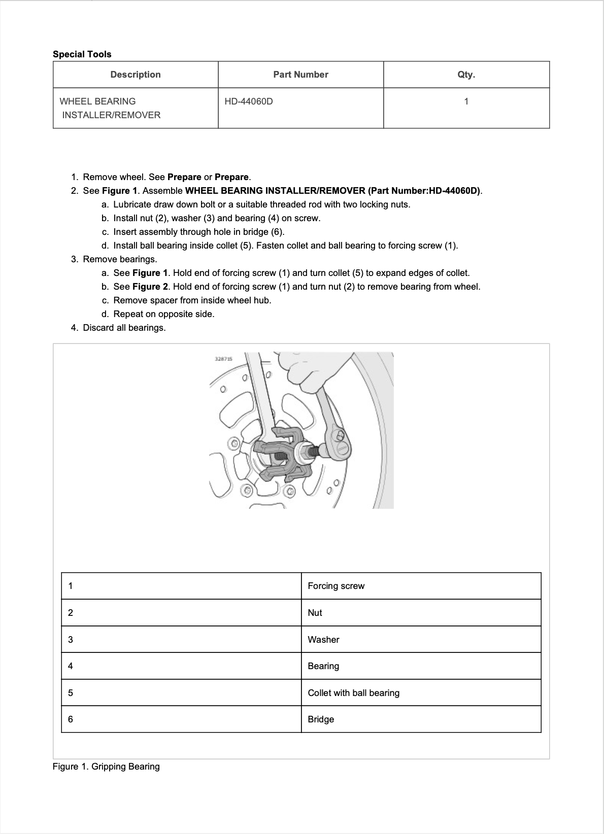 A black-and-white technical service manual page for an ASD Wheel Bearing Installer/Remover, showing a labeled cross-section diagram of a wheel bearing assembly and a parts reference table.