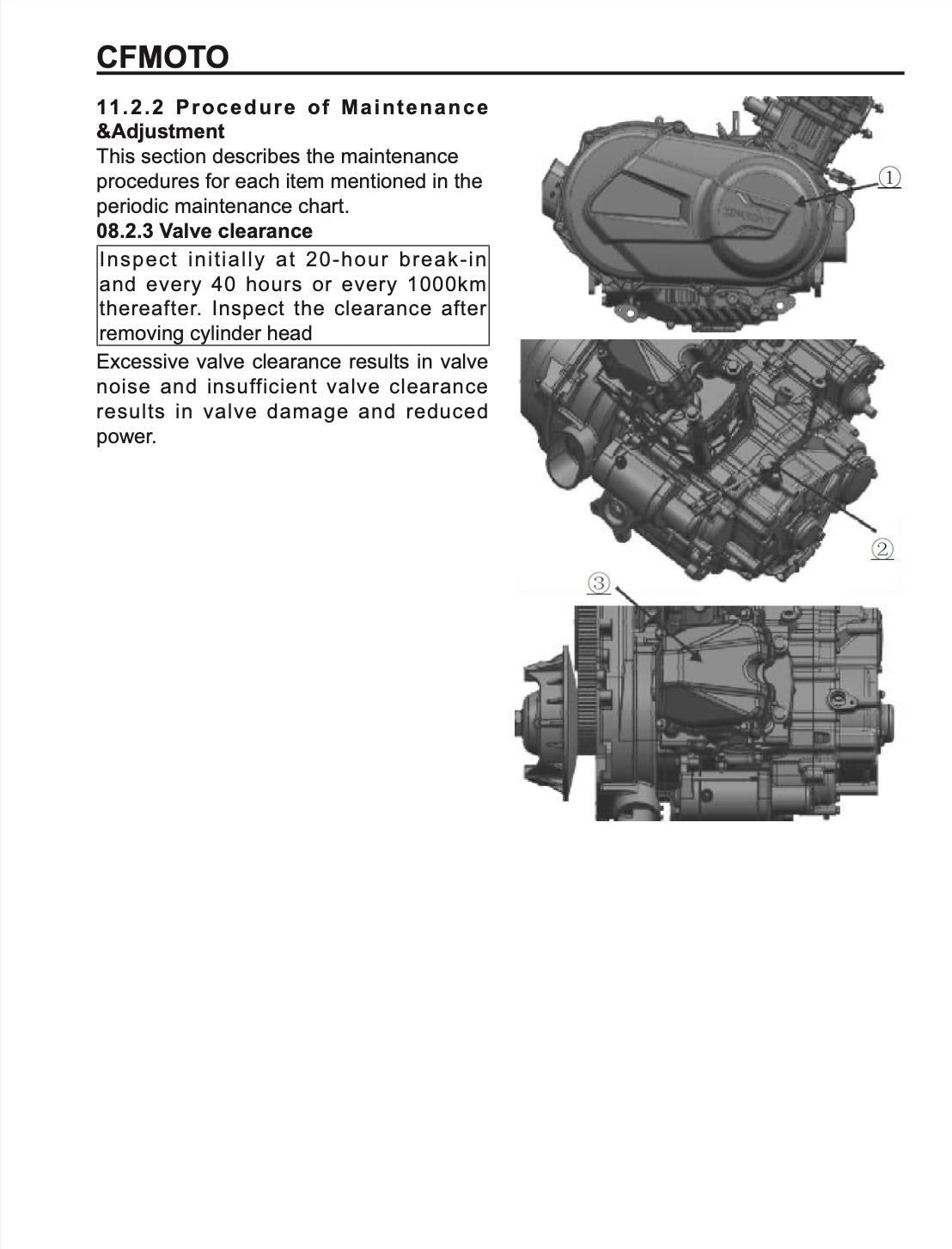 CFMOTO UFORCE service manual page with valve clearance inspection diagrams of cylinder head cover and engine components