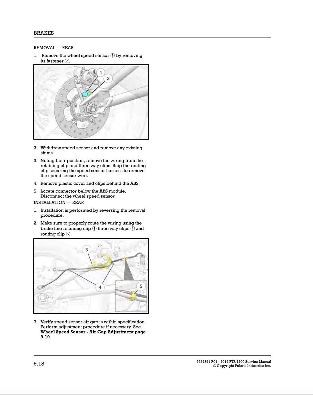 A printed page from a vehicle service manual with the heading BRAKES and sections titled REMOVAL - REAR and INSTALLATION - REAR, containing numbered steps and small technical diagrams showing a speed sensor and brake assembly.