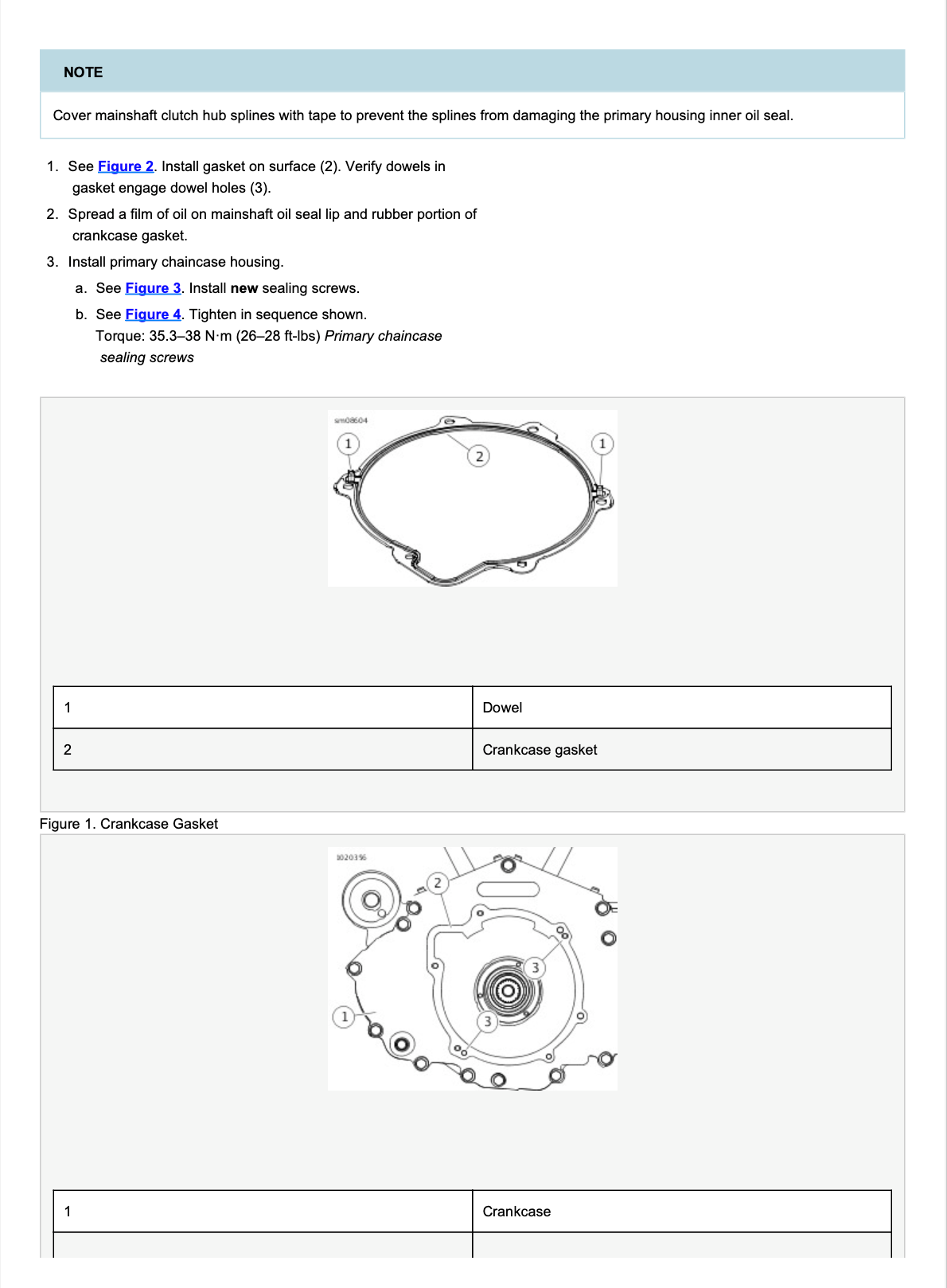 Instruction sheet showing installation steps and part identification for a crankcase gasket, with labeled diagrams and a small parts reference table.