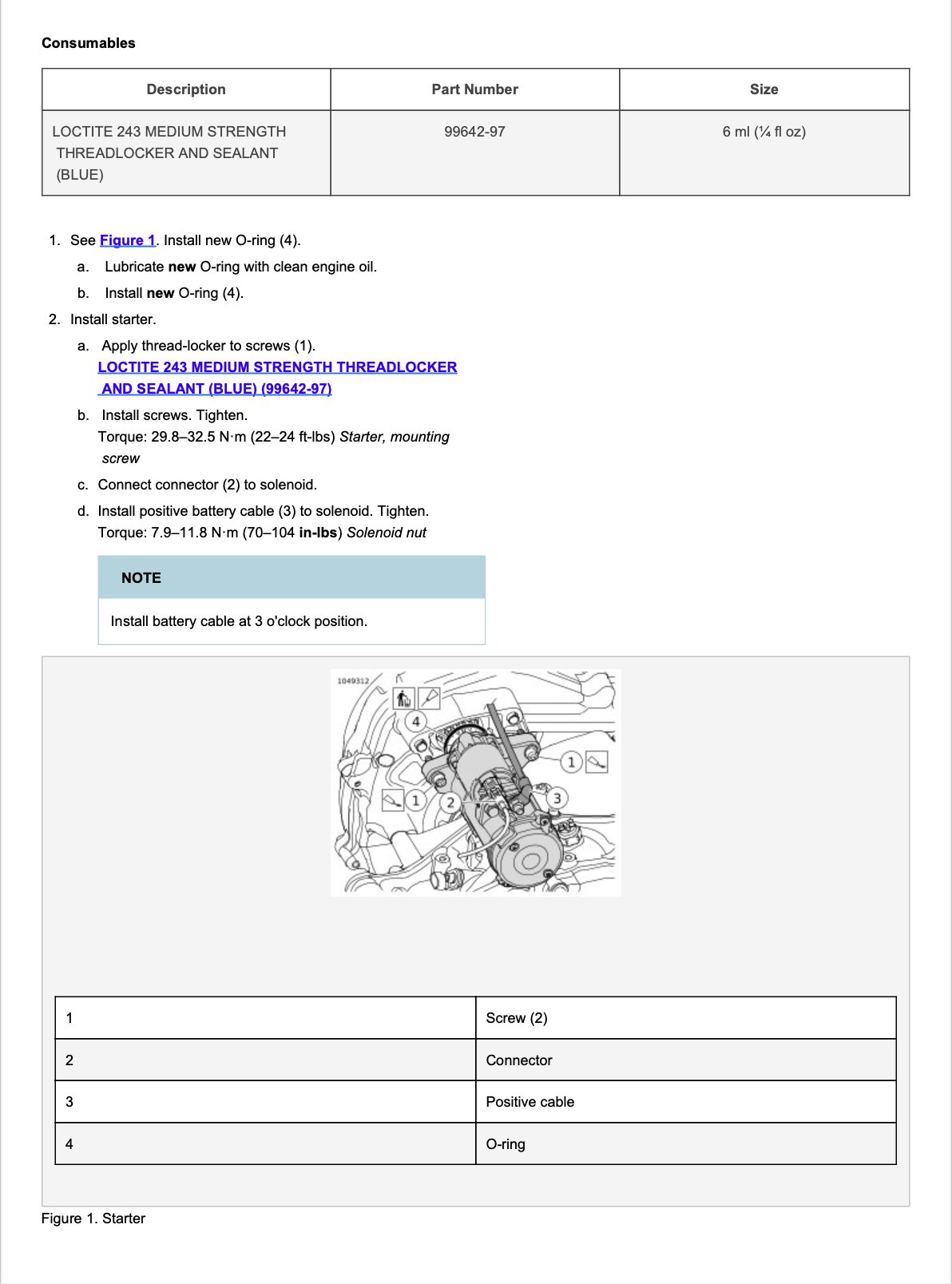 A technical instruction sheet showing how to install a starter threadlocker and sealant, with part number 99642-67, a small installation diagram, and a numbered reference table at the bottom.