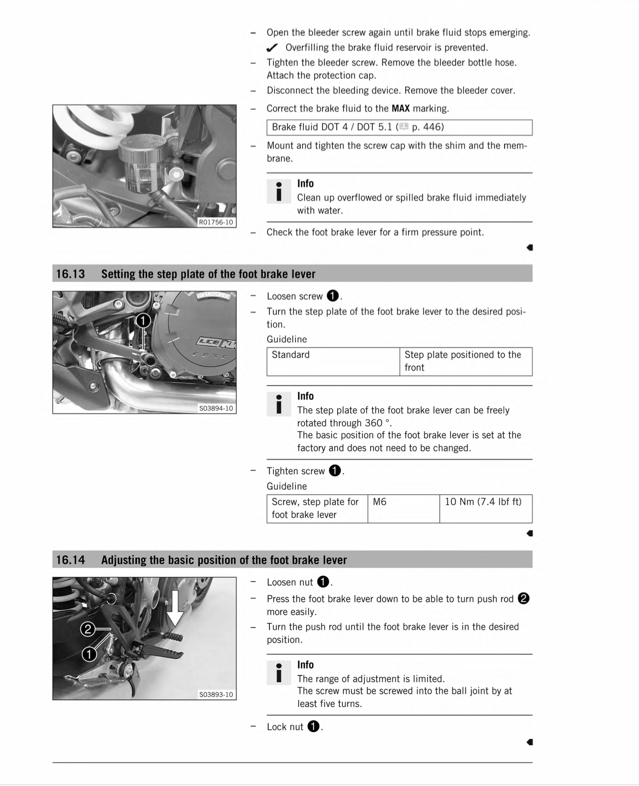 A page from an automotive service manual showing numbered procedure diagrams and tables for adjusting the brake lever on a vehicle. The page includes labeled photos of brake components, text instructions, and small reference tables on a white background.