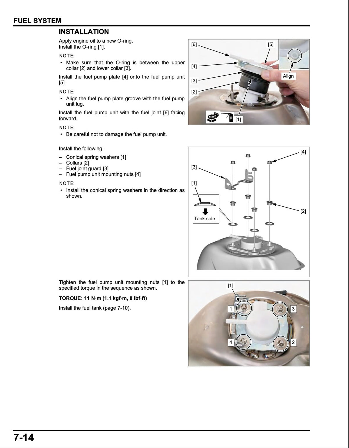 A page from a manual showing how to install a fuel pump unit, with labeled diagrams, cross-section views, and a small inset photo of a hand holding the assembled component. The page includes text such as 'FUEL SYSTEM', 'INSTALLATION', and numbered callouts.