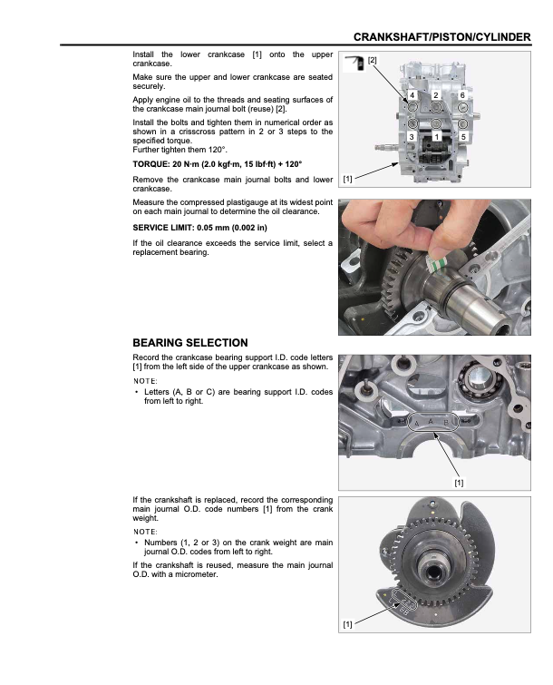 A technical service manual page for a crankshaft/piston/cylinder replacement, showing installation and bearing selection instructions with labeled diagrams and photos of metal engine parts.