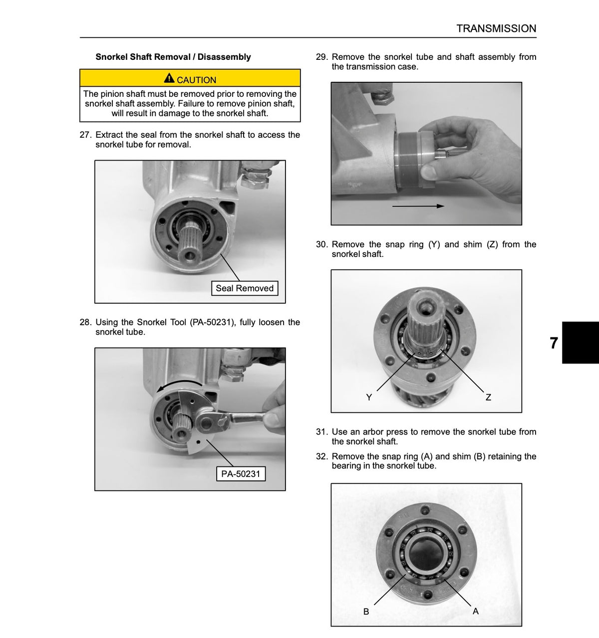 Polaris Ranger SP 570 service manual page showing snorkel shaft removal and disassembly photos