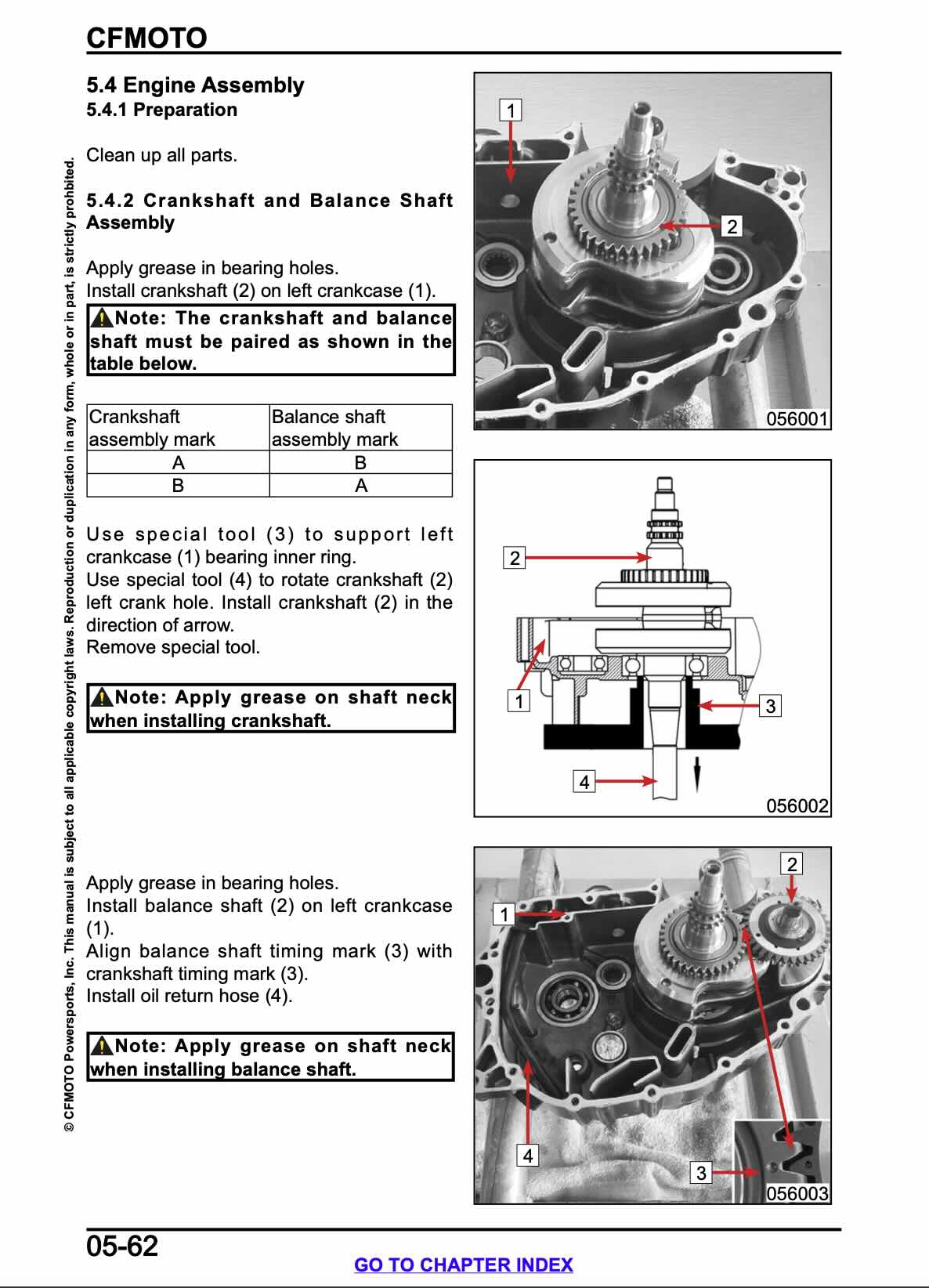 CFMOTO service manual page 05-62 engine assembly section 5.4.1 with crankshaft and balance shaft assembly procedures, crankshaft and balance shaft pairing marks table, special tool installation diagrams showing left crankcase bearing support and shaft positioning, greasing application on shaft neck, timing mark alignment, and oil return hose installation photos