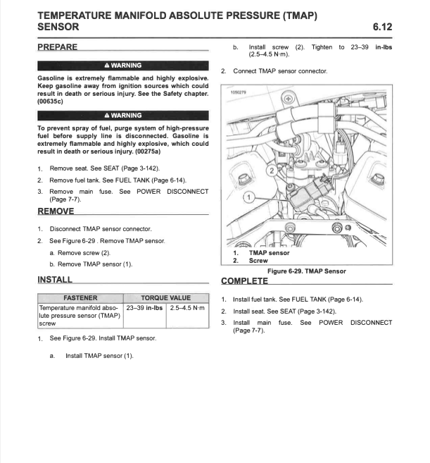 Instruction sheet for a temperature manifold absolute pressure (TMP) sensor, showing preparation, removal, installation, and a completed checklist with labeled parts and a wiring diagram.