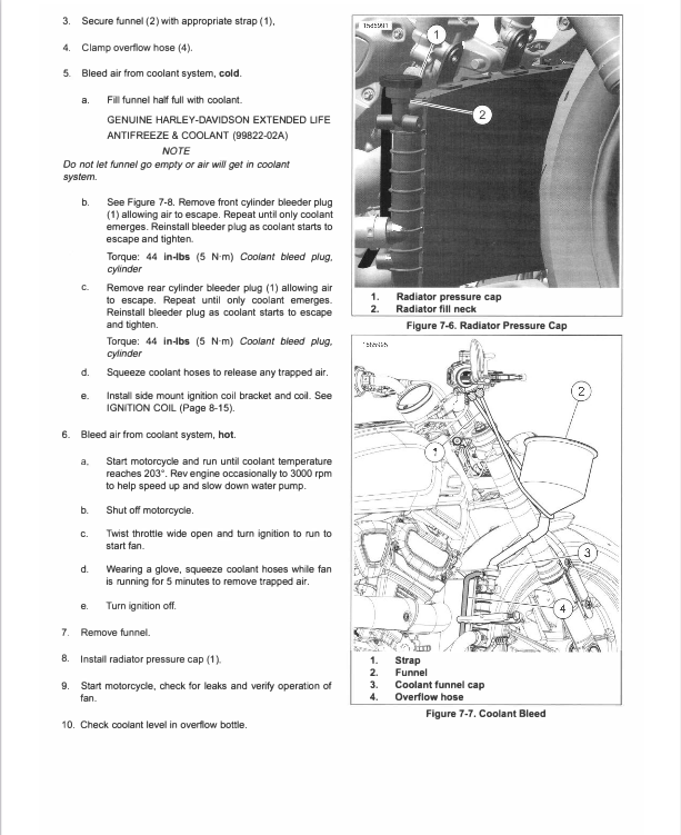 A printed instruction sheet with numbered steps, diagrams, and labels for operating a motorcycle coolant bleed procedure, including Figure 7-6 Radiator Pressure Cap and Figure 7-7 Coolant Bleed.