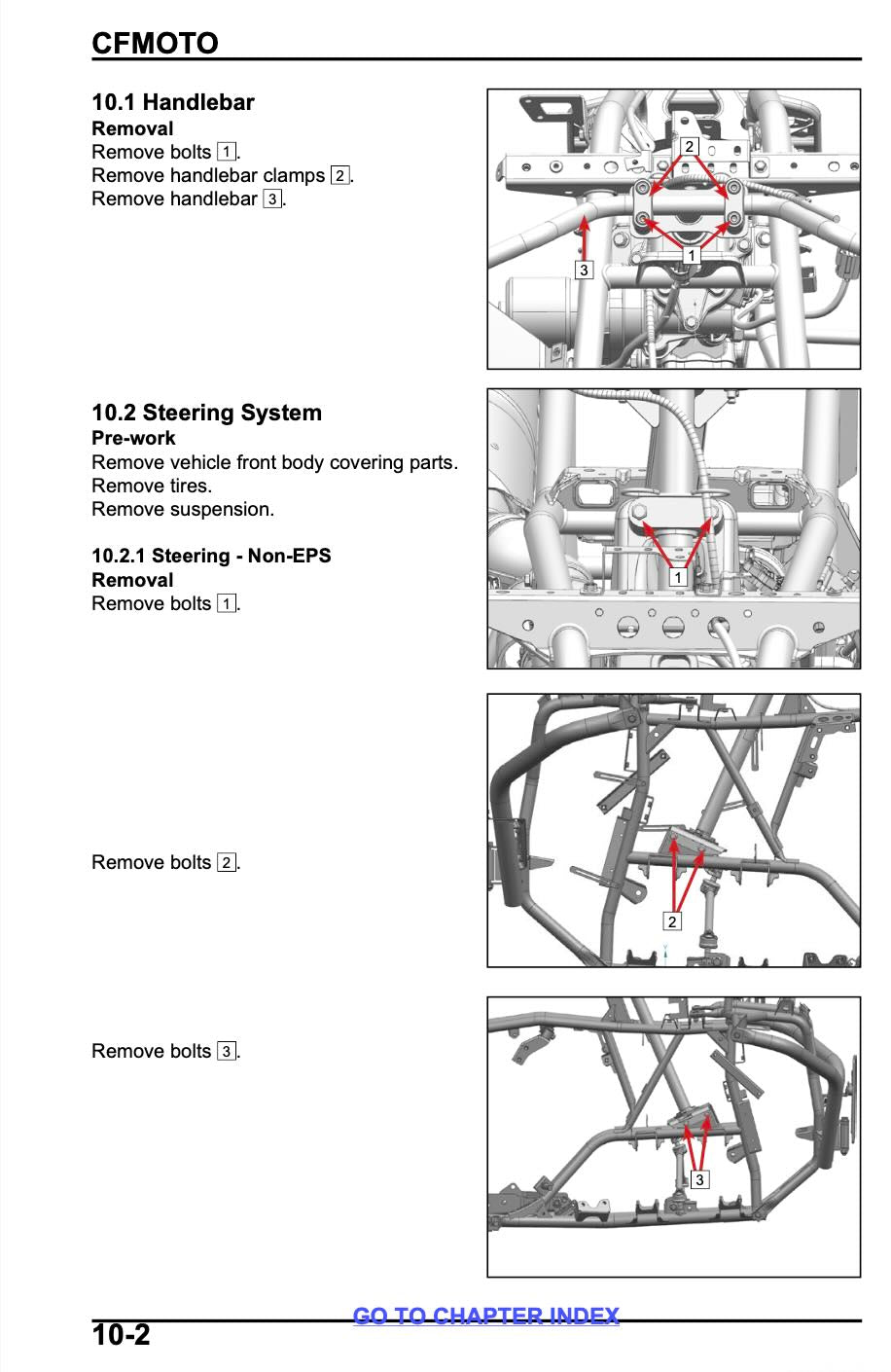 A page from a CFMOTO manual showing removal instructions for the handlebar and steering system, with labeled diagrams and photos of the vehicle frame and components on a white background.